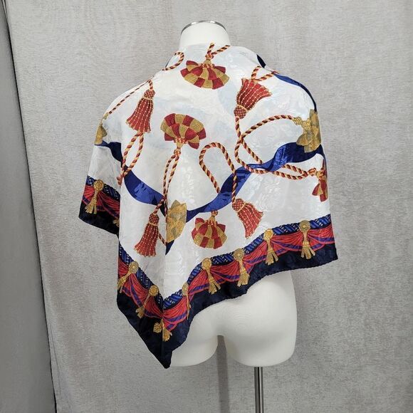 Liz Claiborne Satin Jacquard Nautical Tassel Motif Navy Blue and Red Scarf 80's - Picture 7 of 10
